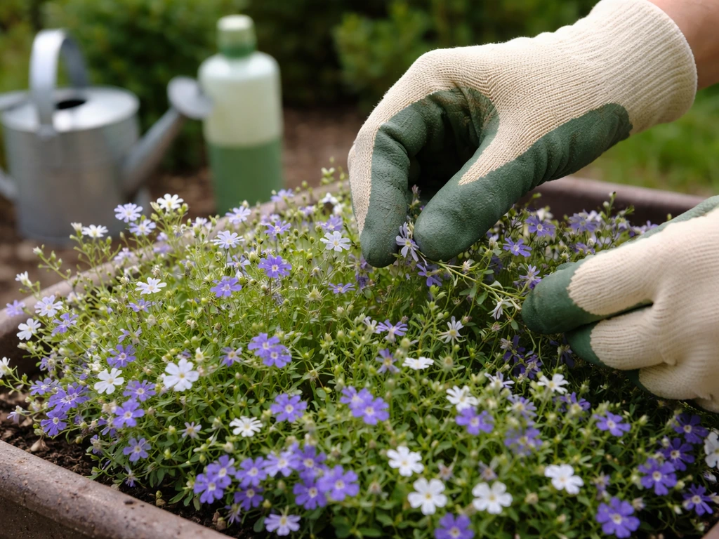 Gloved hand deadheading trailing lobelia while a fertilizer bottle and watering can sit beside the planter.