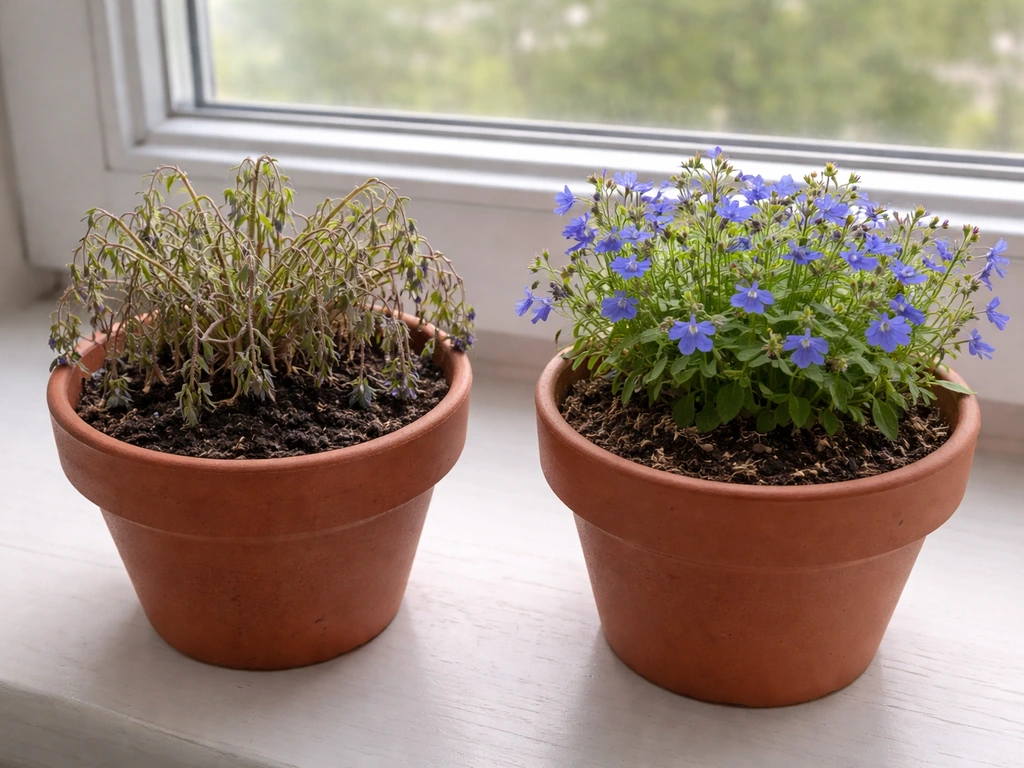 Two lobelia pots on a windowsill: one drooping in wet soil, one upright in drier soil.