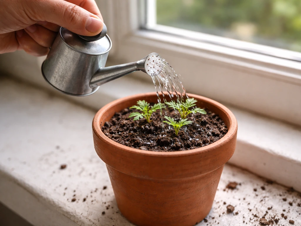 Hand watering marigold seedlings in a terracotta pot, soil top looks dry, water just applied.
