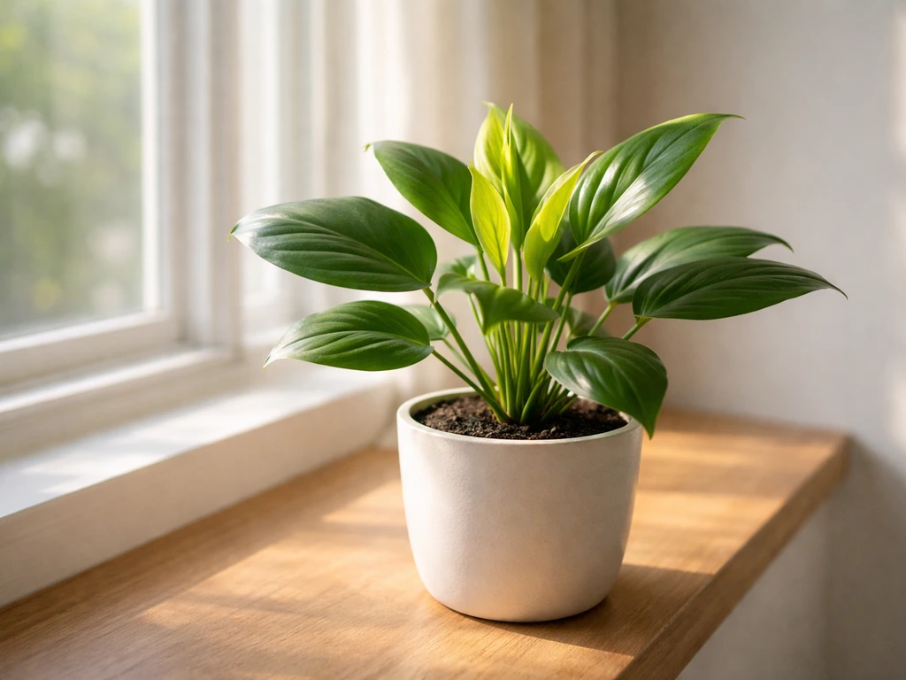 Thriving indoor plant with fresh new leaves in bright natural light