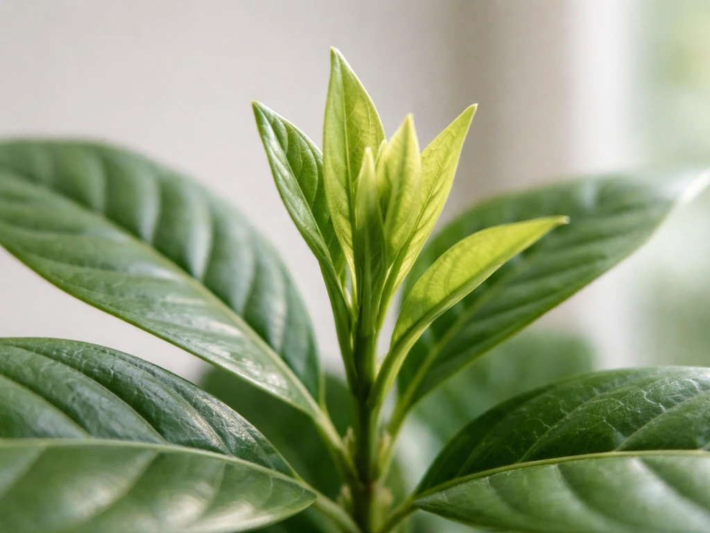 Close-up of a thriving indoor plant tip with newly unfurling green leaves.