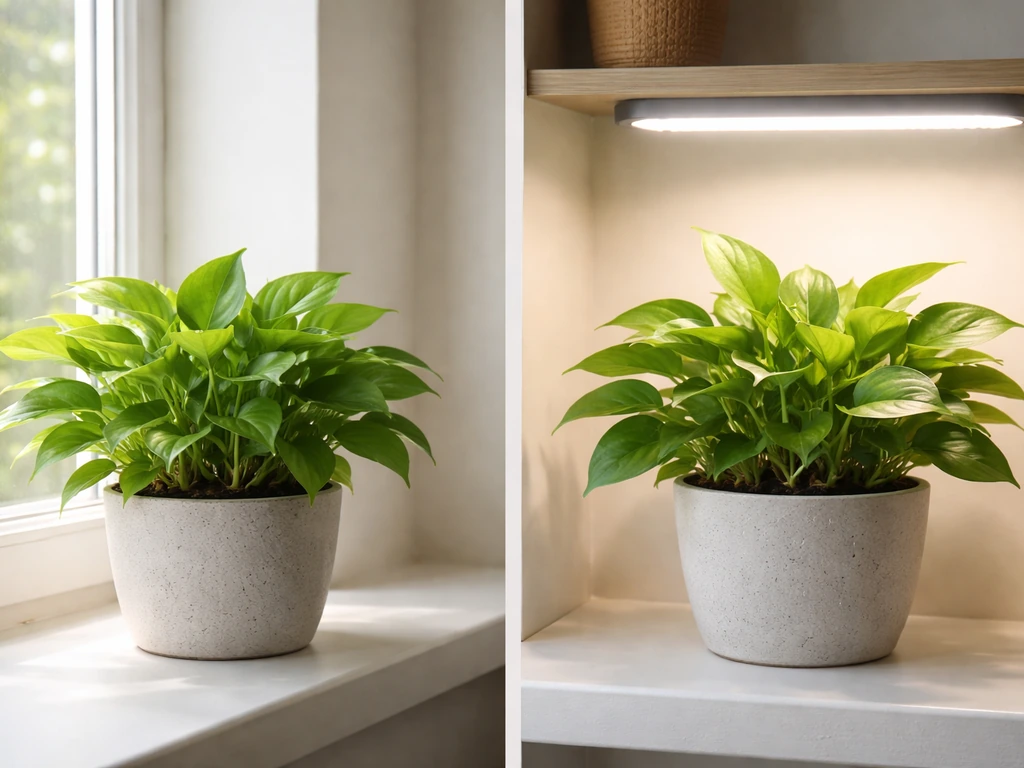 Two similar potted plants side-by-side, one in window light and one under a grow light.