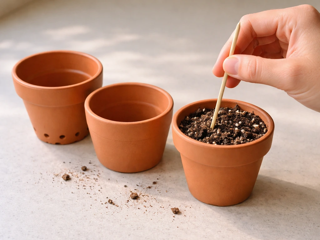 Hand checking potting soil moisture, beside two small planters showing drainage holes