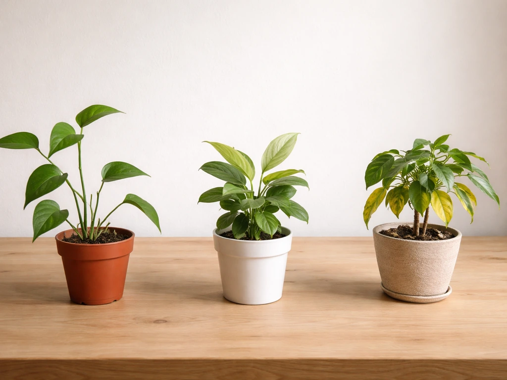 Minimal tabletop scene with three small potted plants showing leggy, pale leaves, and yellowing leaves.