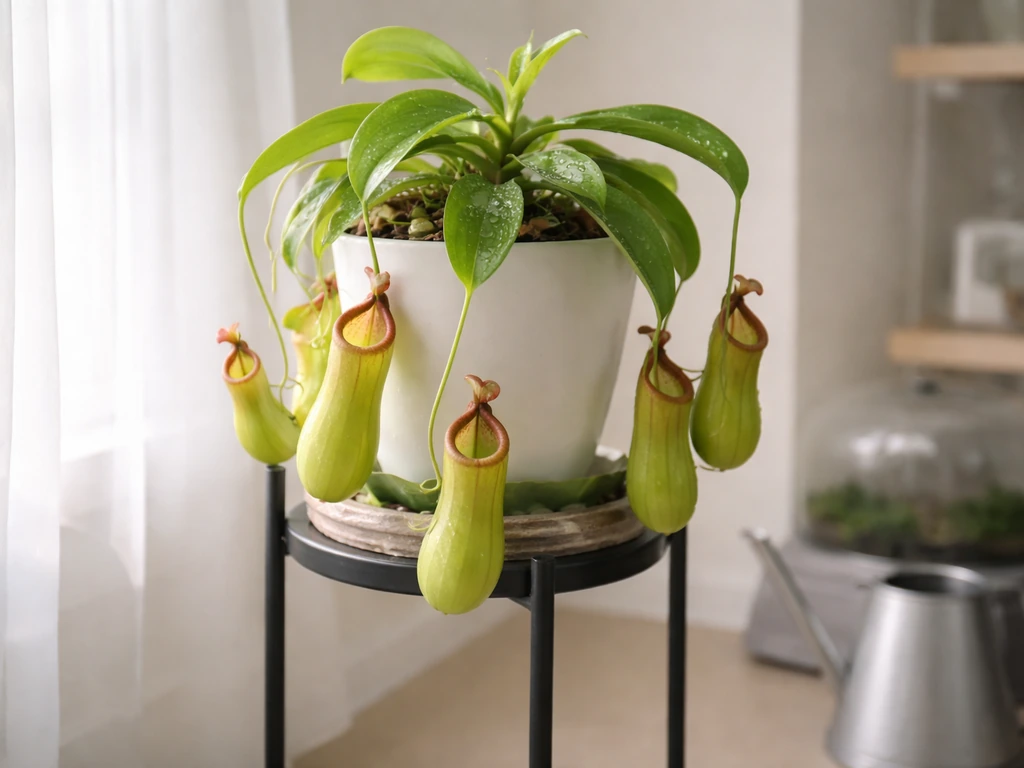 Healthy indoor pitcher plant with open pitchers in a small humid grow setup near a bright window.