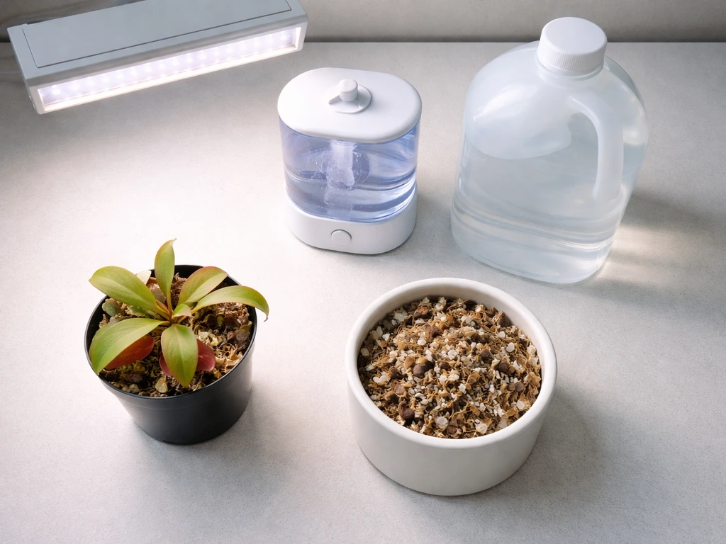 Overhead view of four indoor pitcher plant essentials: grow light, humidity setup, RO water, and proper potting mix.