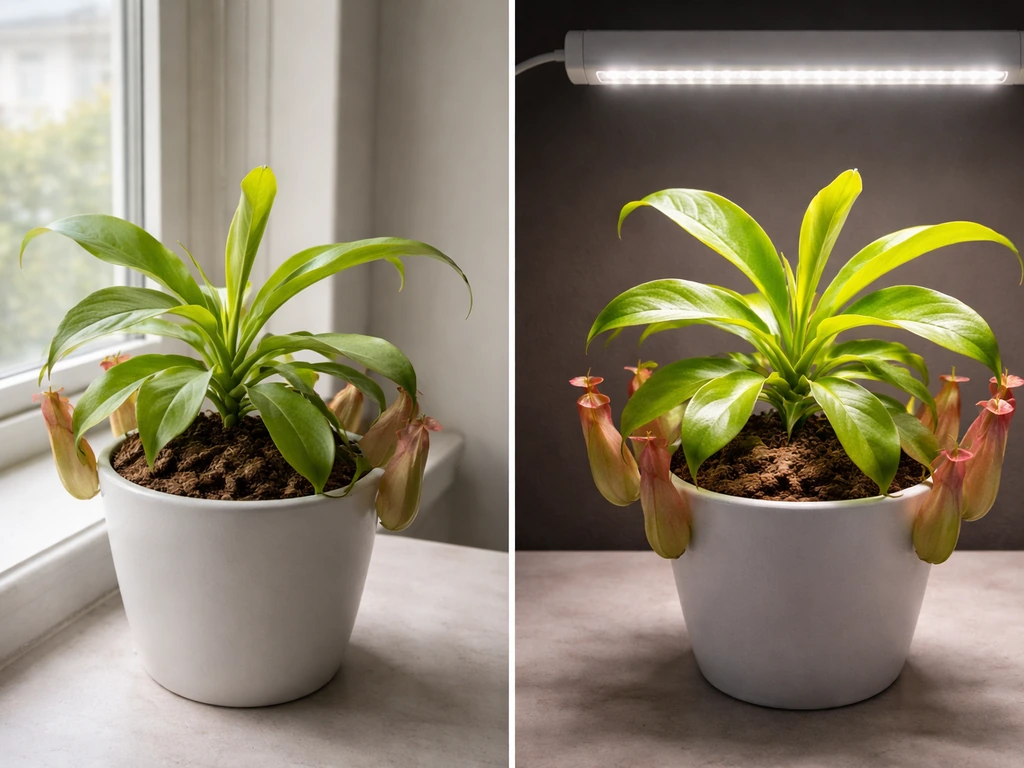 Split view of a pitcher plant by a window vs under an LED grow light, brighter growth under the light.