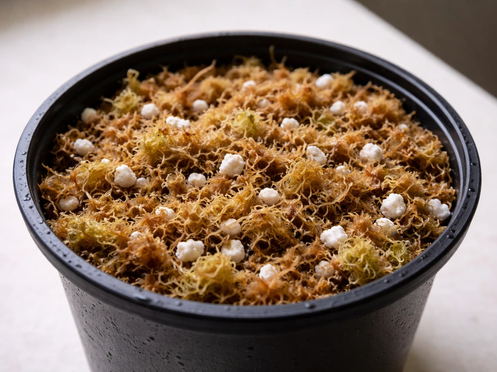 Close-up of long-fiber sphagnum moss and perlite mixed in a plastic pot for Nepenthes.