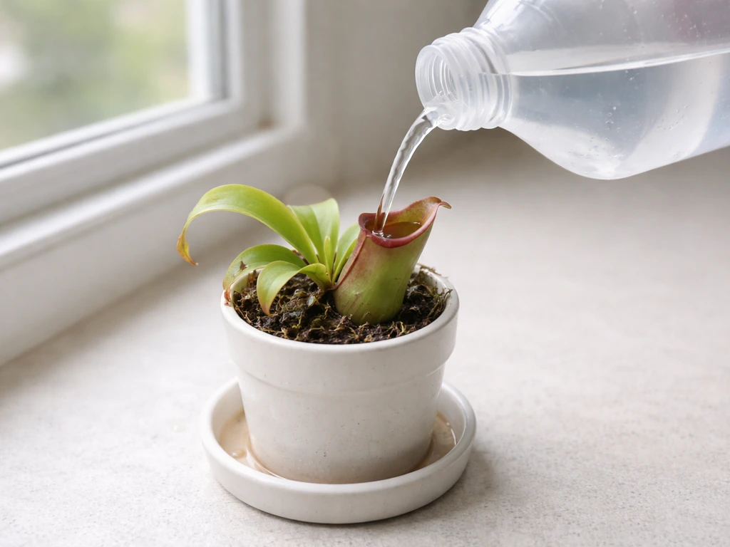 Pitcher plant watered with RO/distilled water jug, with runoff visible in a catch tray.