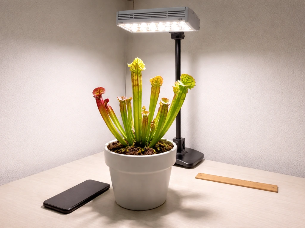 Full-spectrum white LED grow light shining on a potted pitcher plant with a simple distance reference nearby.