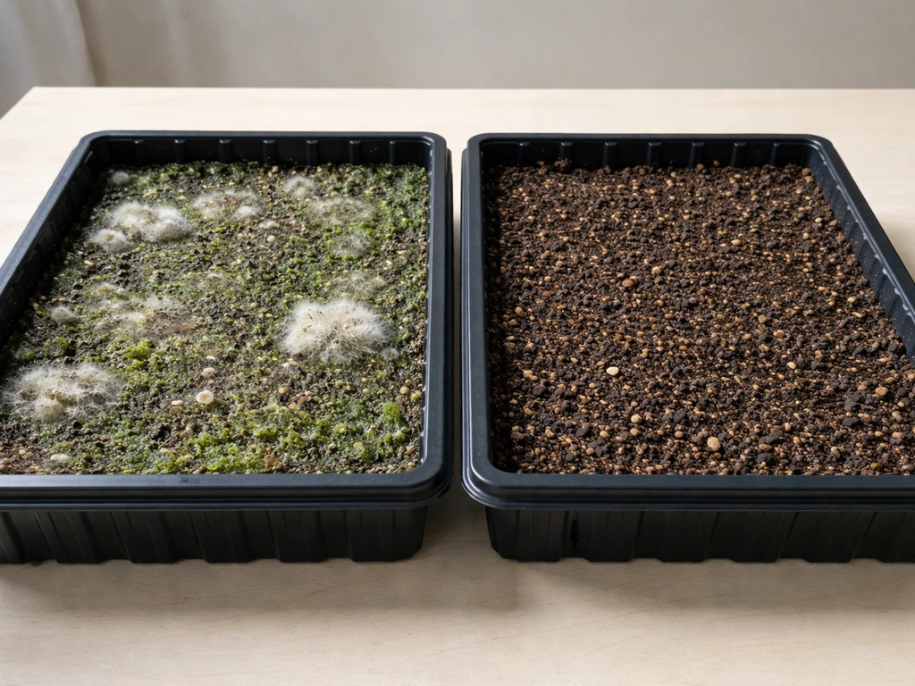 Split view of moldy slimy plant media versus clean dry media after improving airflow and watering