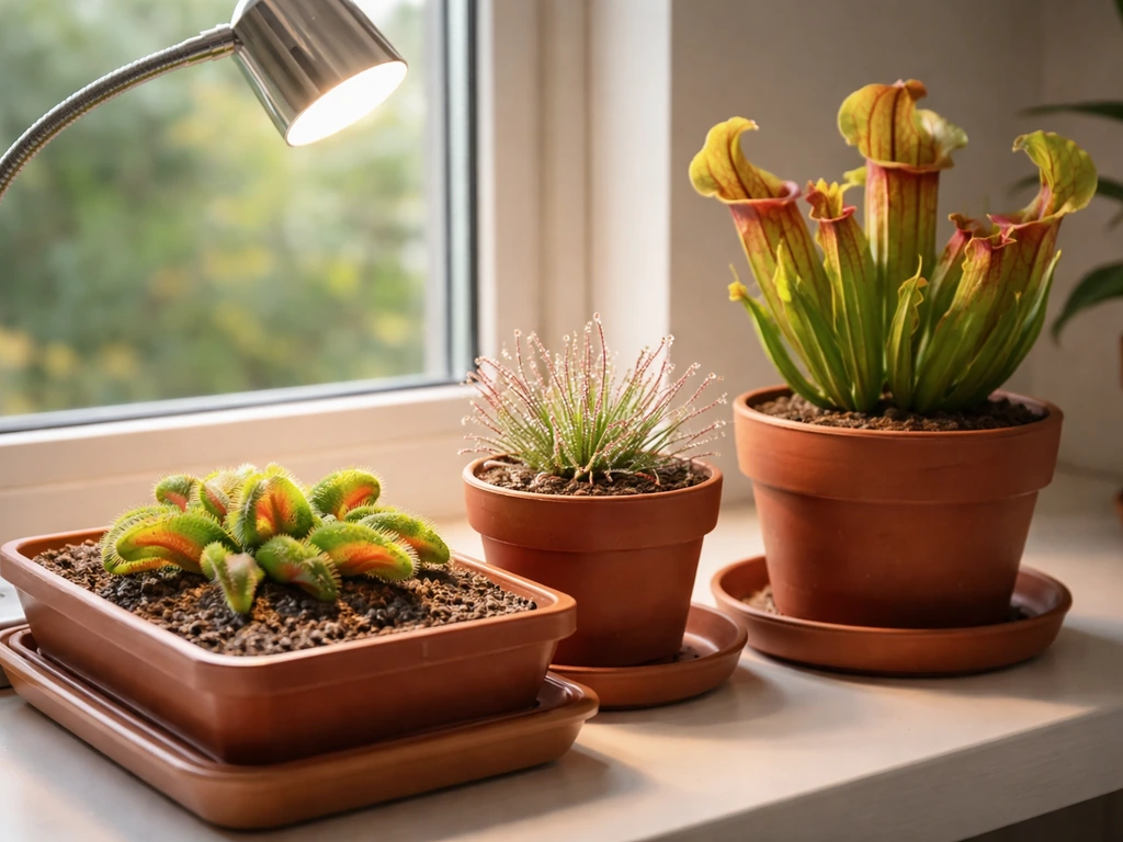 Indoor carnivorous plants in a bright setup with trays, pitcher plant, sundews, and a Venus flytrap under grow lights.