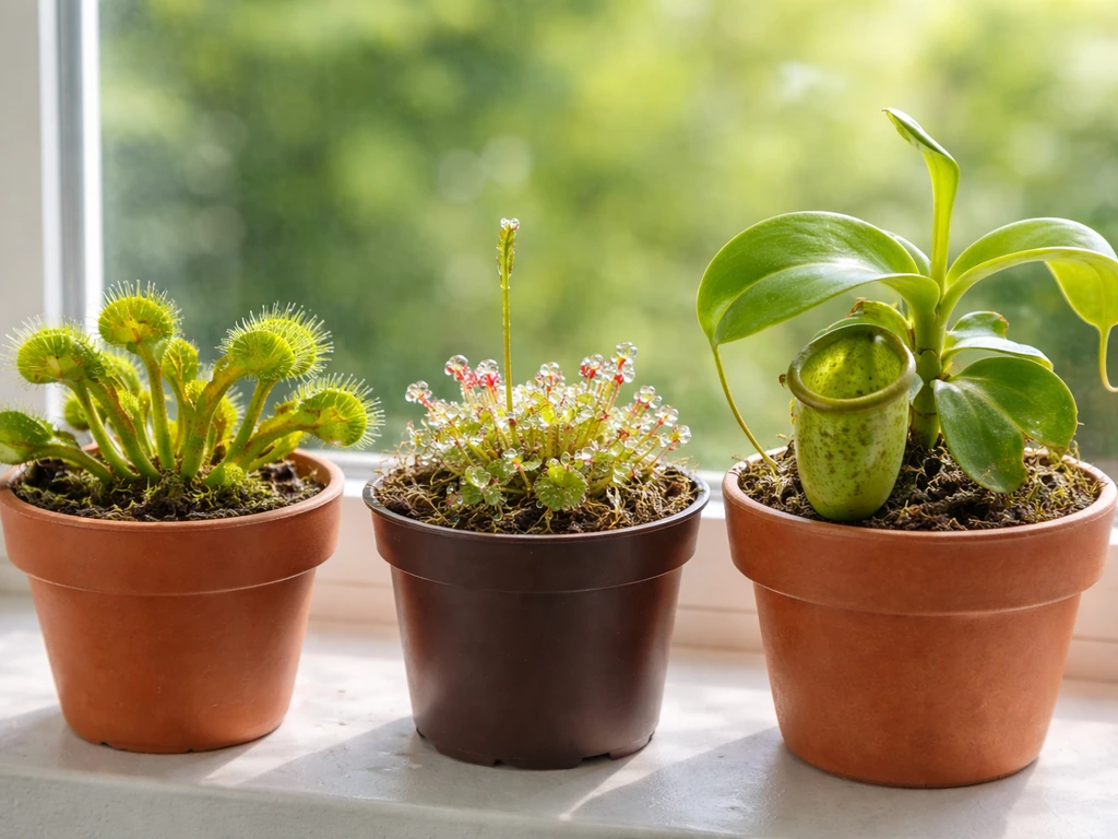 Indoor carnivorous plants in small pots—Venus flytrap, sundew, and Nepenthes—close-up on a windowsill.