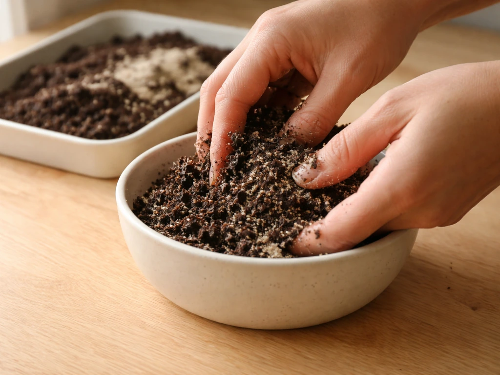 Hands mixing peat and sand in a small bowl to prepare carnivorous-plant growing medium.