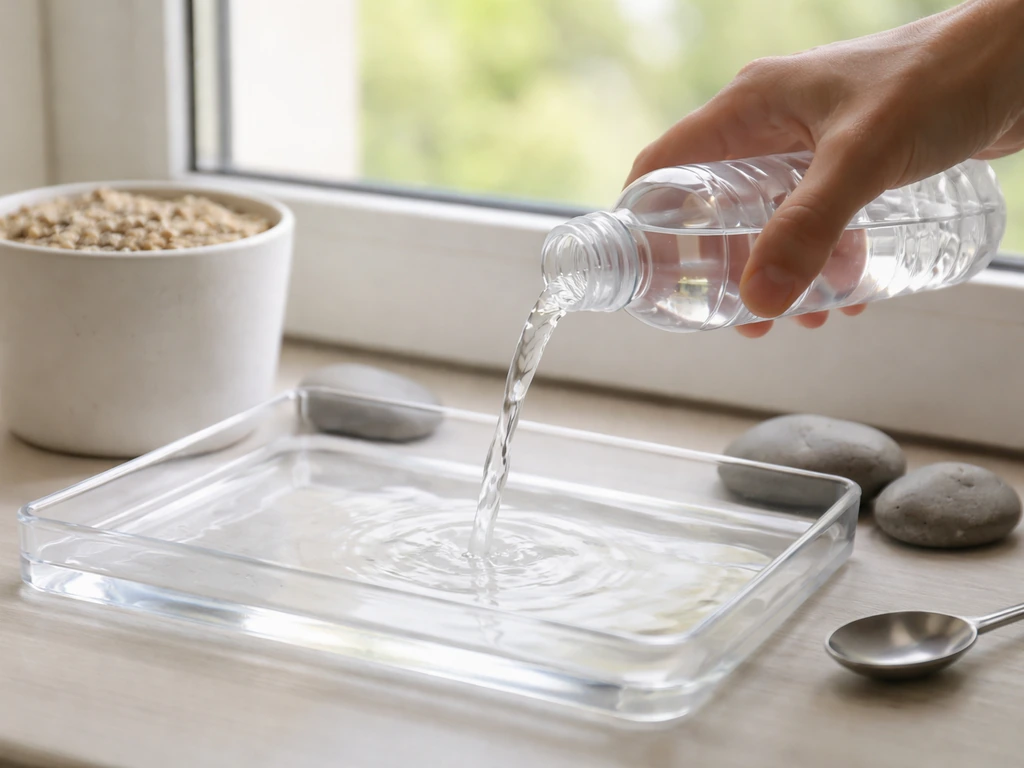 Anonymous hand pouring clear distilled/RO water into a shallow tray beside a small pot on a windowsill.