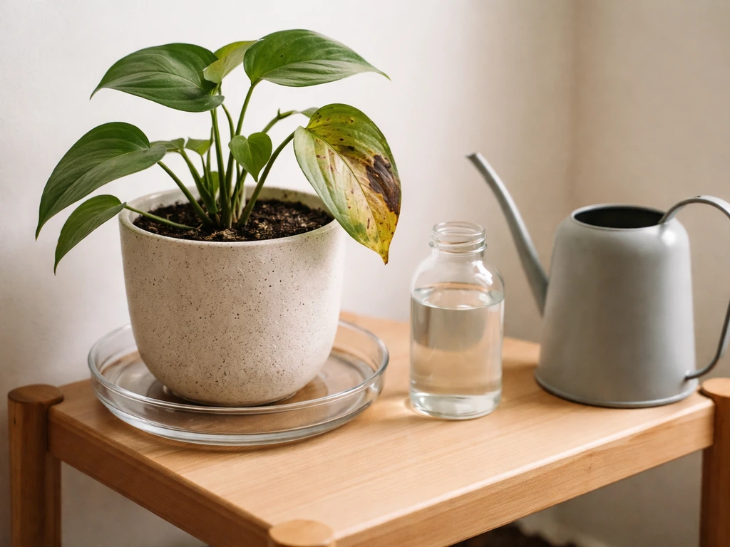 Struggling potted houseplant with browning leaves beside a shallow water tray and distilled water ready to top up.