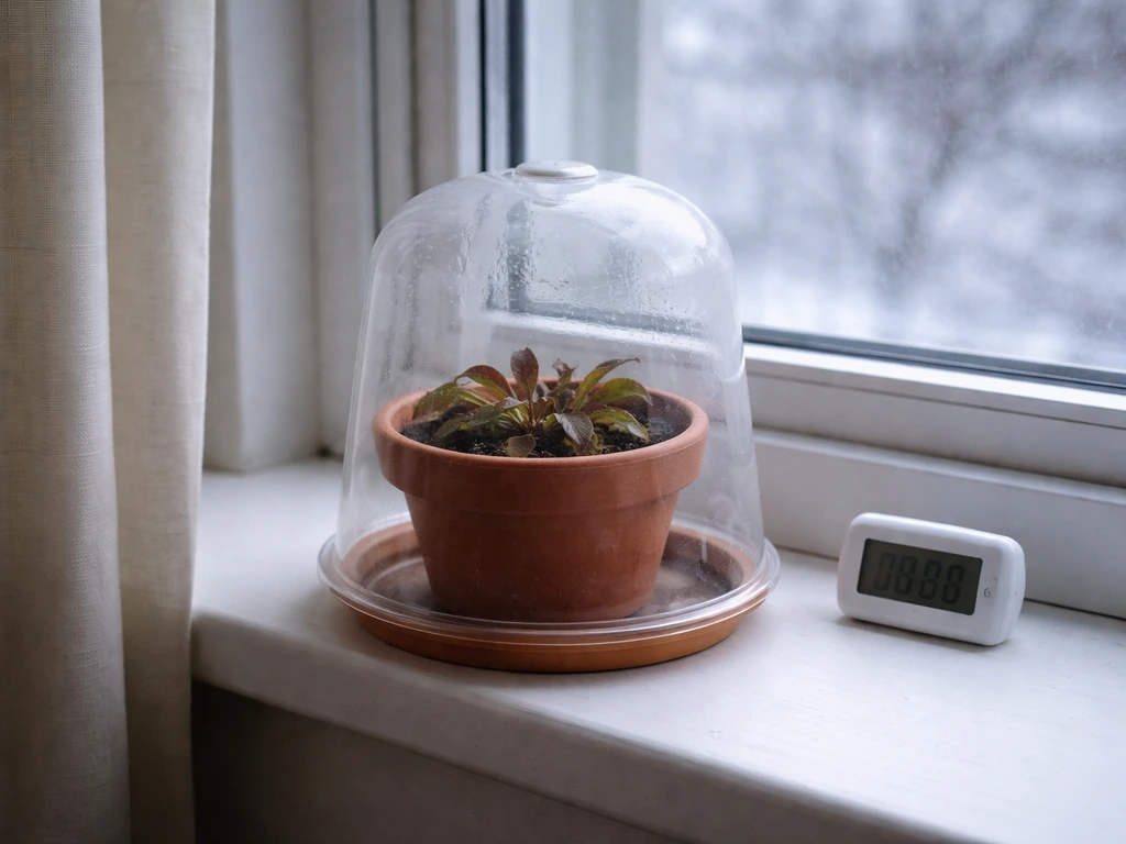 Venus flytrap in a small pot on a cool windowsill under a loose humidity dome for dormancy.