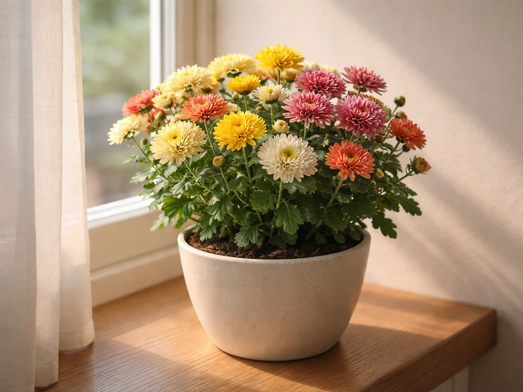 Healthy potted mum blooms on a sunny windowsill inside a home