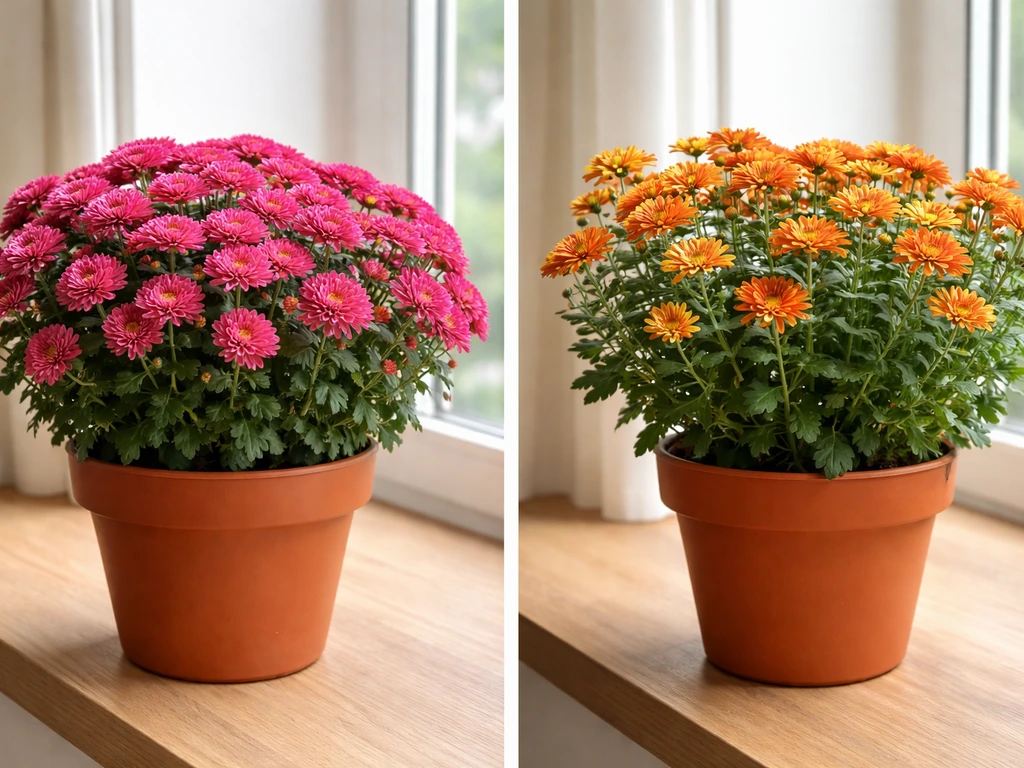 Two indoor potted mums side by side: greenhouse-forced florist type and hardy garden type, showing differing blooms