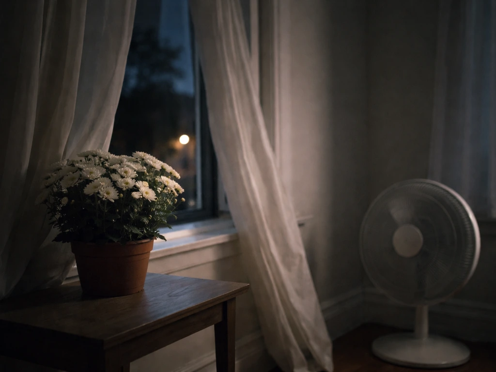 Indoor mums in a cool room at night near an open window with gentle airflow.