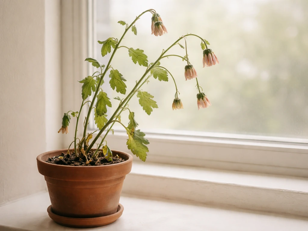 Potted indoor mum showing leggy stems and drooping buds on a windowsill.