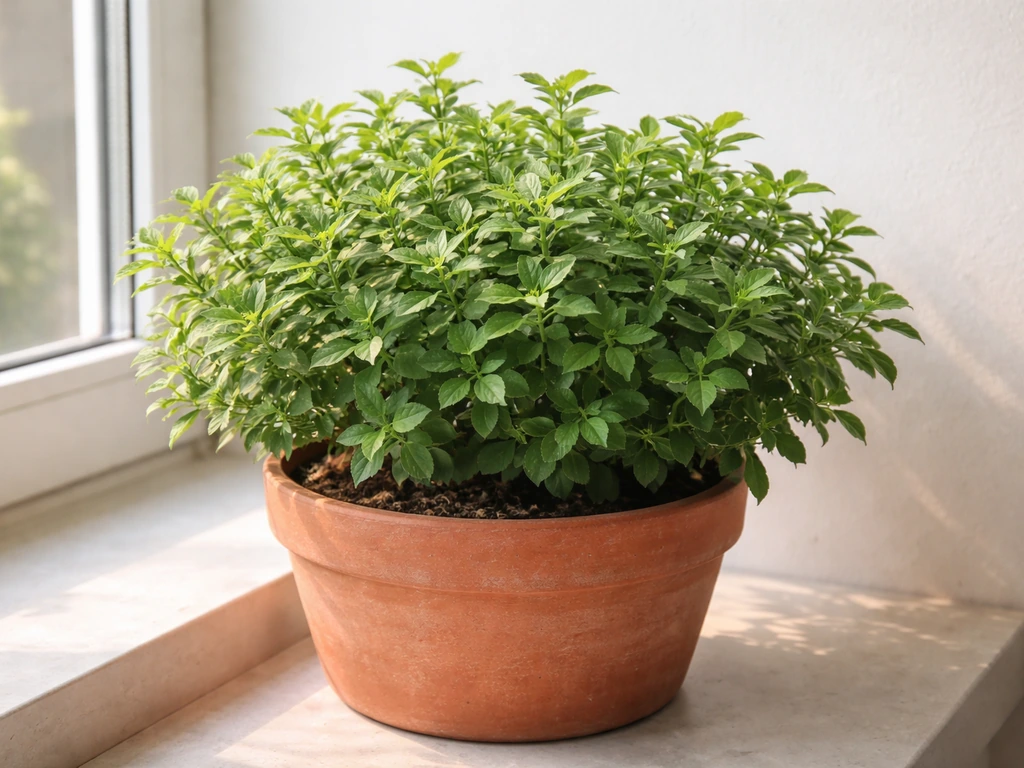 Healthy damiana shrub in a terracotta-style pot near bright indoor light