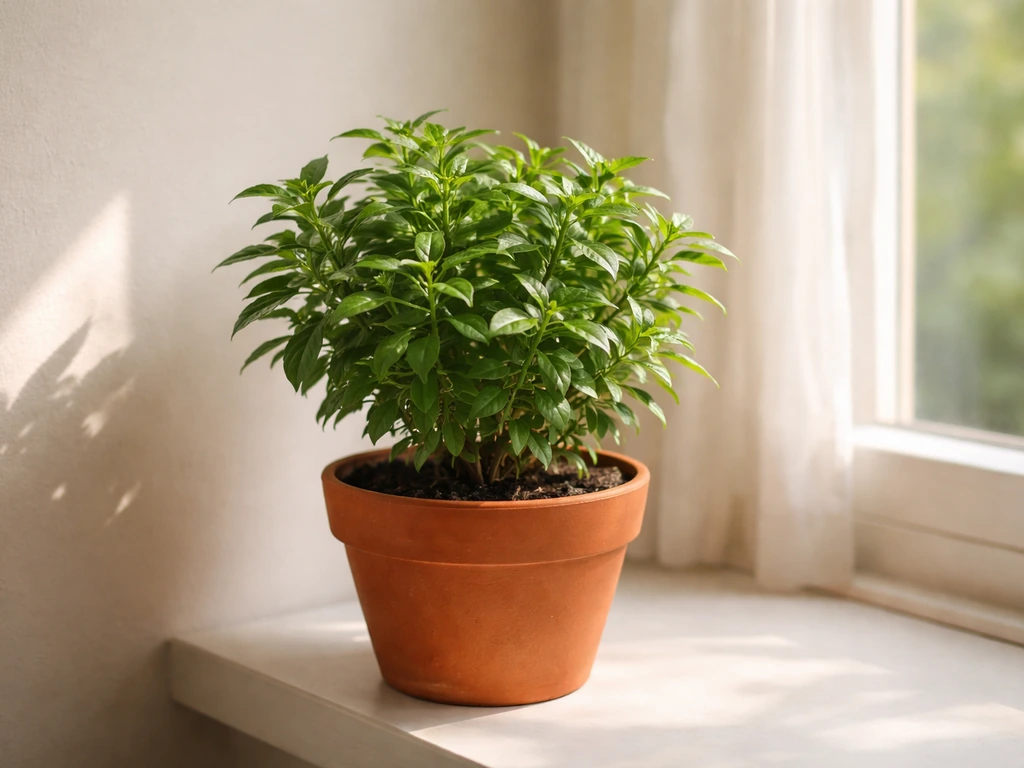 Compact damiana shrub in a small pot by a bright south-facing window