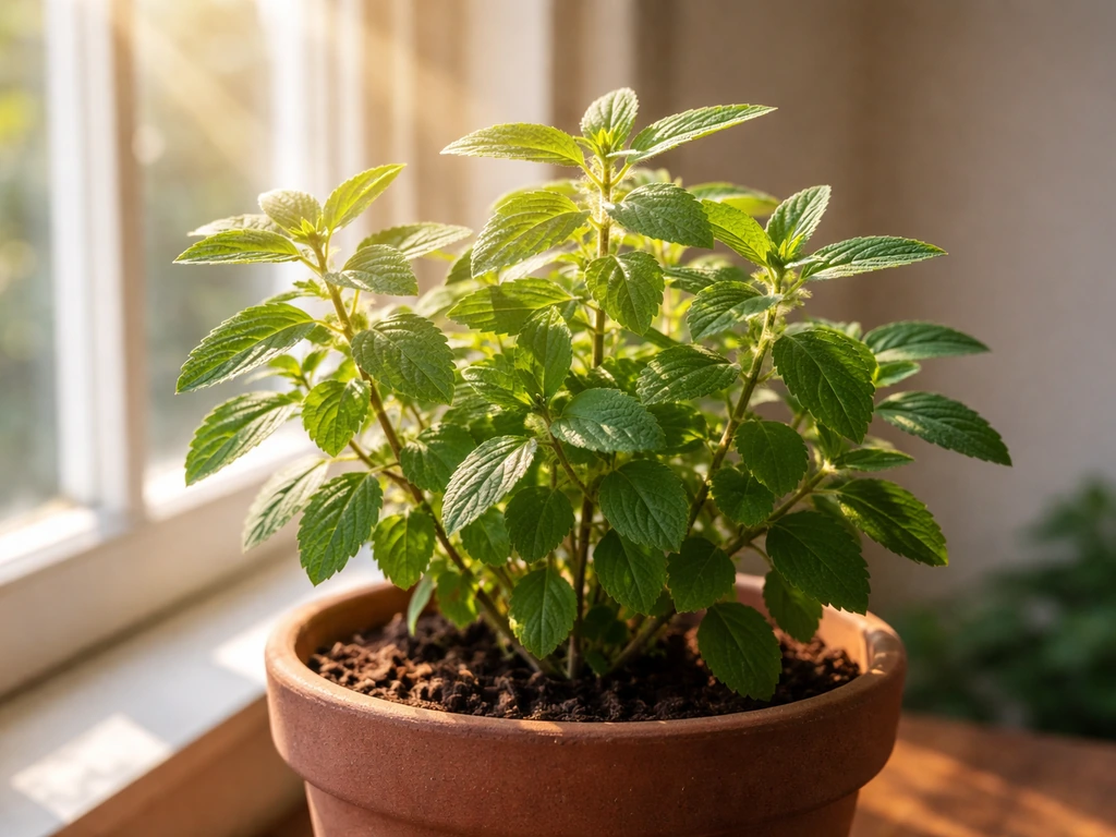Damiana plant leaves lit by warm sun rays through a south-facing window