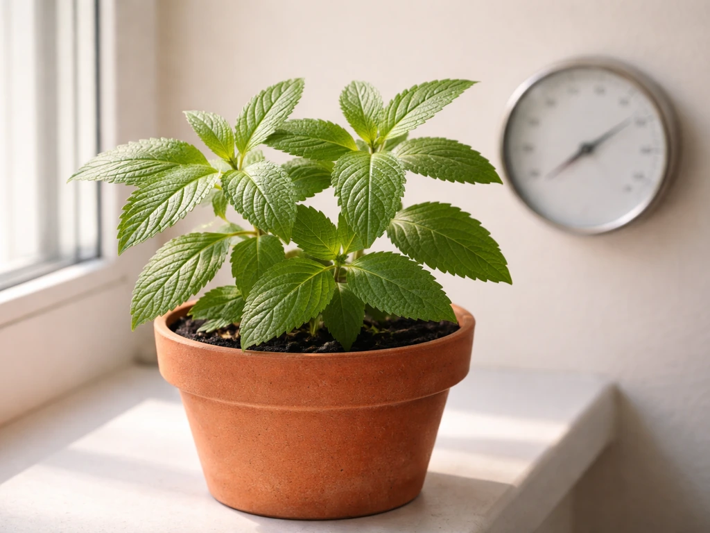 Damiana plant leaves beside a wall hygrometer showing low-to-normal home humidity.