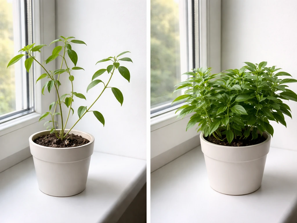 Two damiana plants by a window: one leggy and sparse, the other compact and leafy.