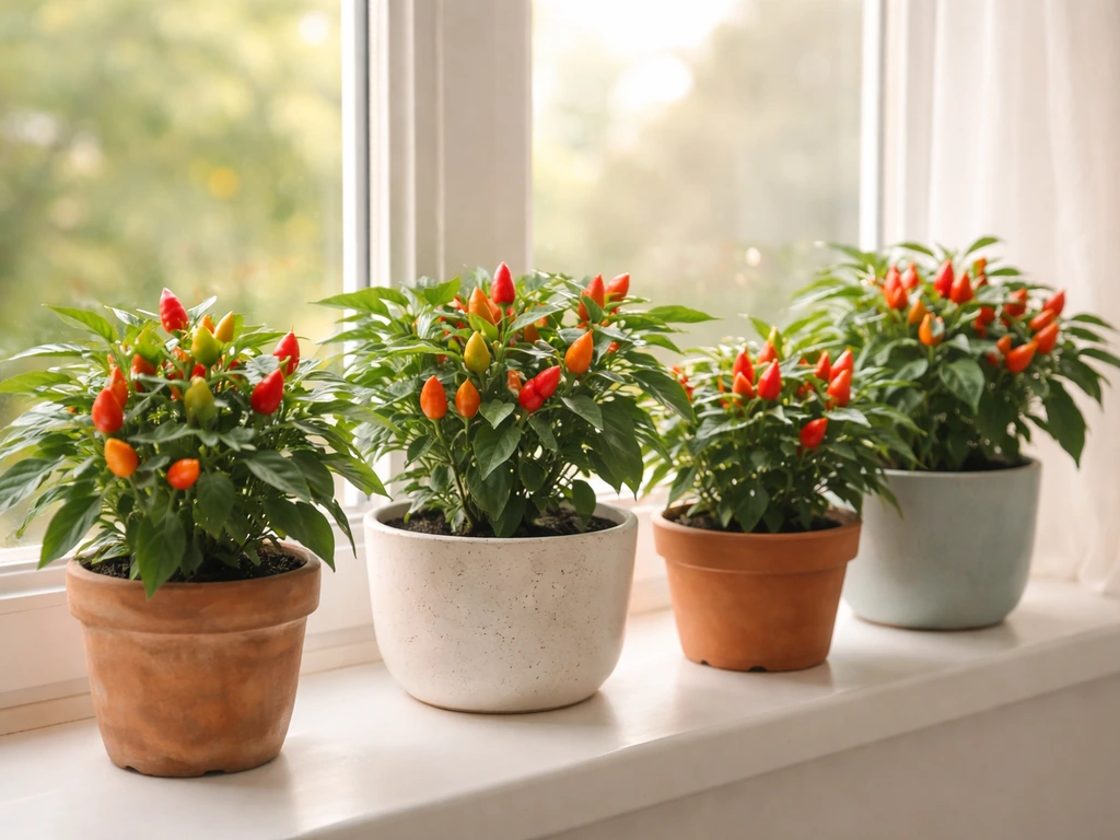 Compact indoor chilli plants in pots on a bright windowsill with ripe and ripening peppers