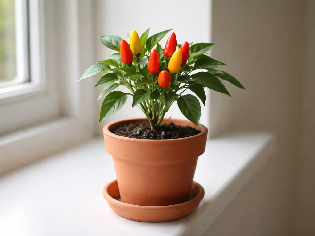 Compact indoor chilli plant in a small pot on a bright windowsill with red and yellow fruits.