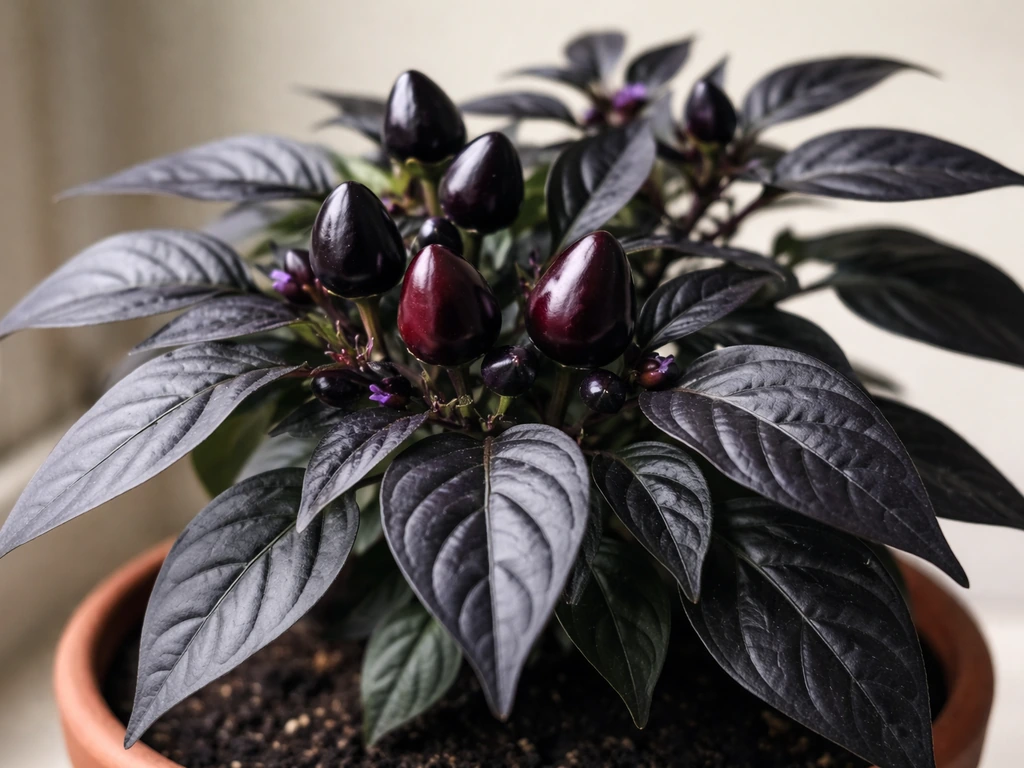 Close-up of a Black Pearl chilli plant with dark purple foliage and small ripening fruits turning red