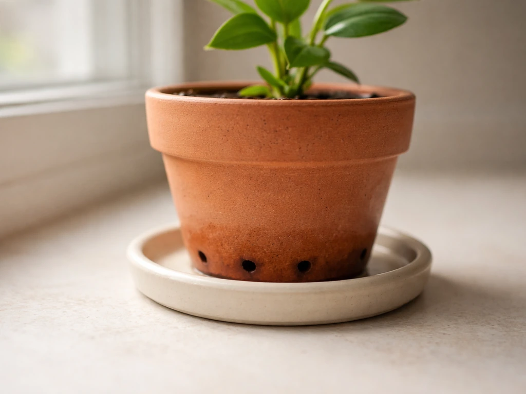 Indoor potted plant on a saucer, showing drainage holes with no standing water after watering.