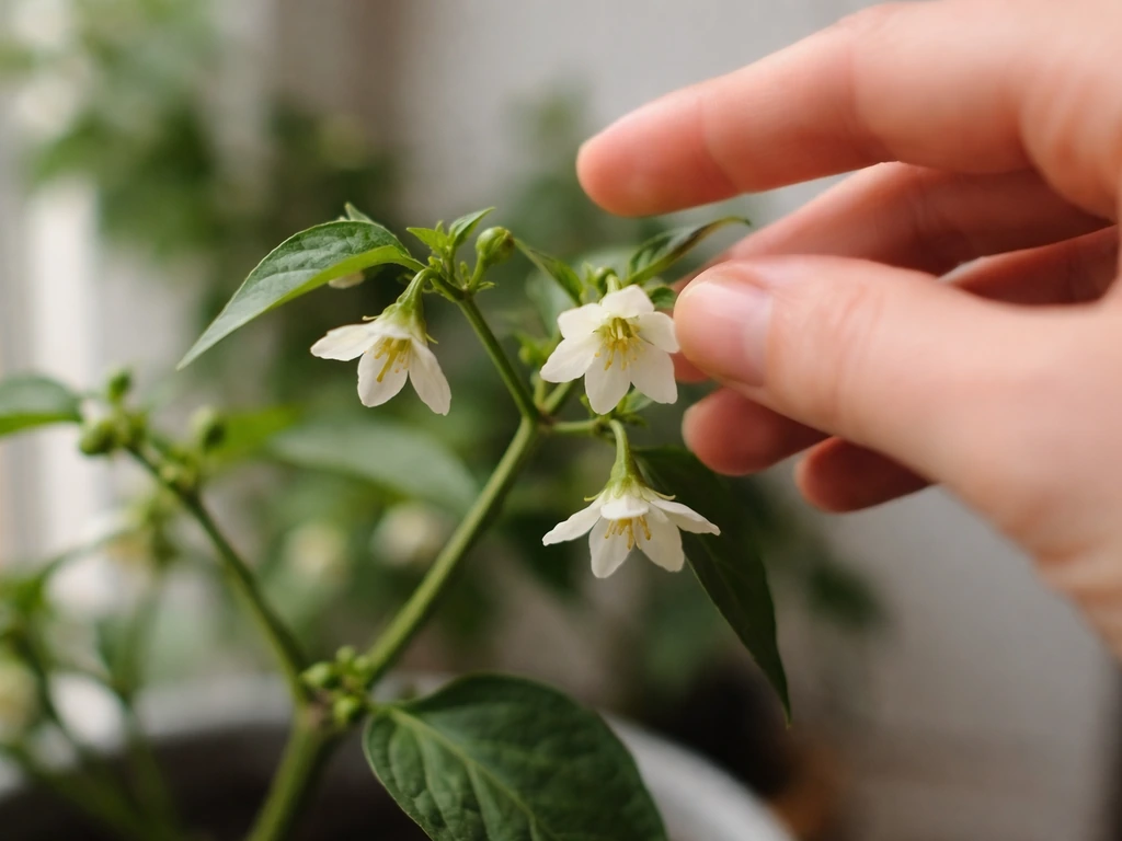 A hand gently taps flowering chilli stems indoors to help pollination.