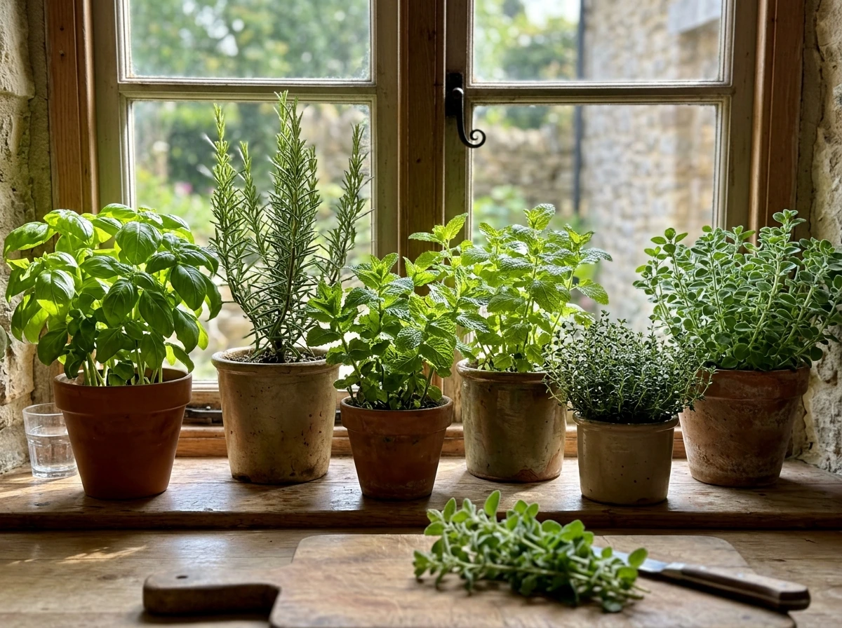 Assorted fragrant indoor herb pots on a bright windowsill (basil, rosemary, mint, lemon balm, thyme, oregano)