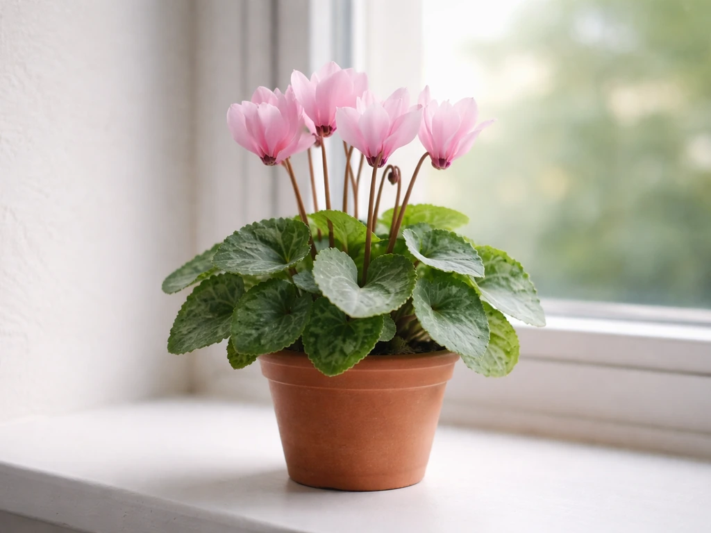 Indoor cyclamen plant with fresh pink blooms on a bright cool windowsill.
