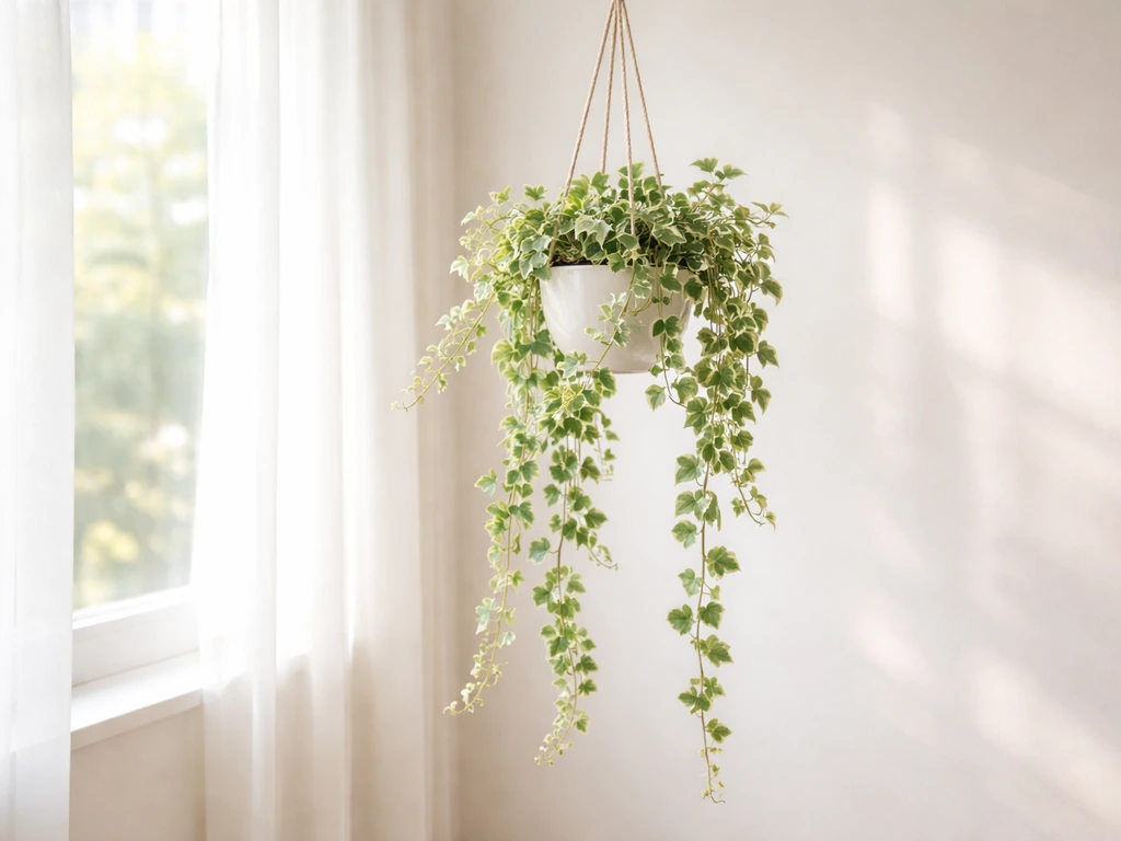 Trailing ivy-like foliage in a hanging planter by a bright window indoors