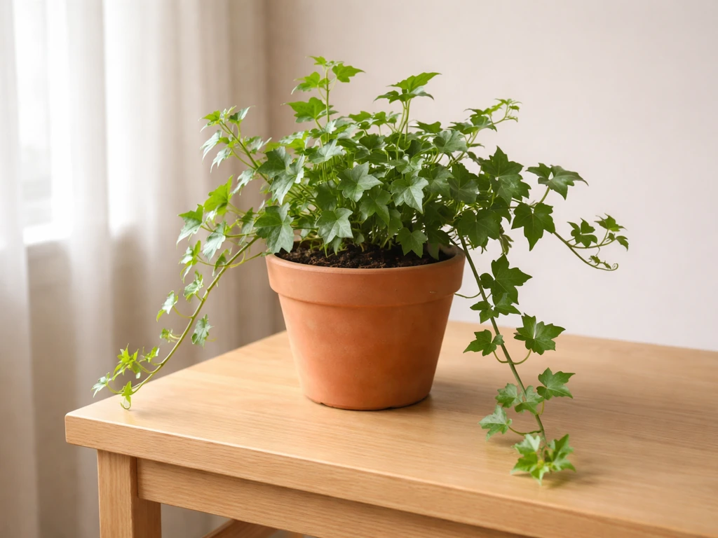 German ivy plant near a window with bright, indirect sunlight on its leaves.