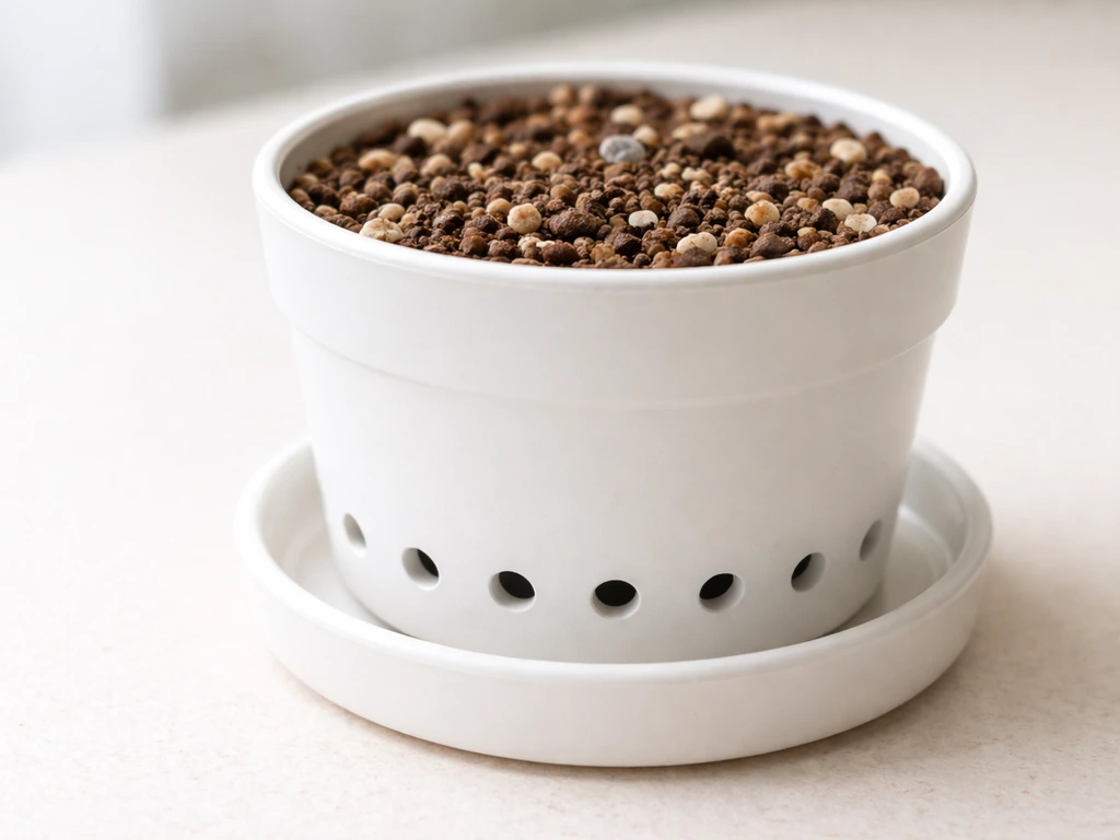 Close-up of a houseplant pot with drainage holes, filled with well-draining potting mix and a saucer.