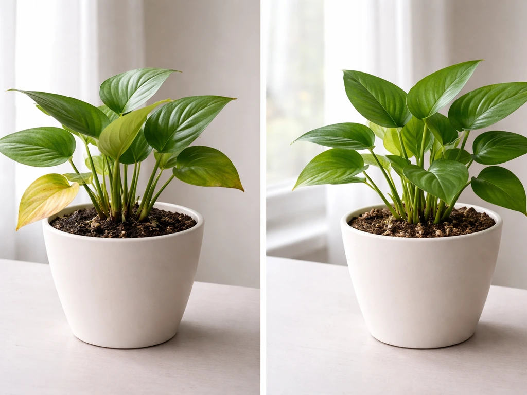 Two potted plants side-by-side: one wilting with yellow leaves and mushy stems, the other healthy and green.