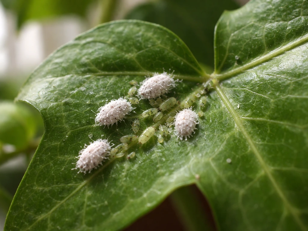 Close-up of aphids and mealybugs clustered on ivy-like leaves in a dim indoor setting
