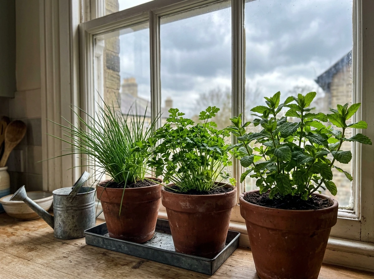 North window herb garden setup showing herbs on a sill with realistic low-light cues