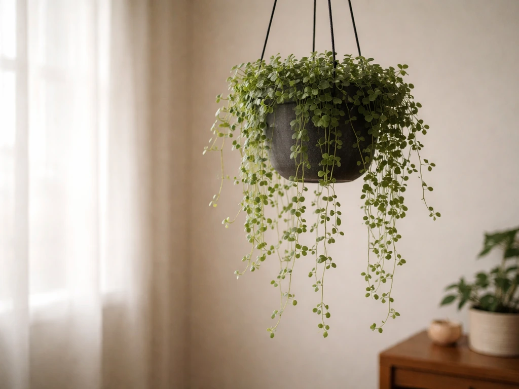 Dense turtle vine trailing from a hanging pot near bright indirect indoor light