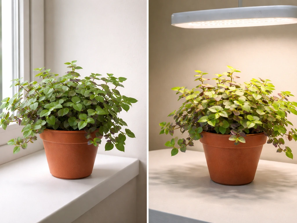 Turtle vine leaves near a bright window compared with the same plant under a grow light, showing color differences.