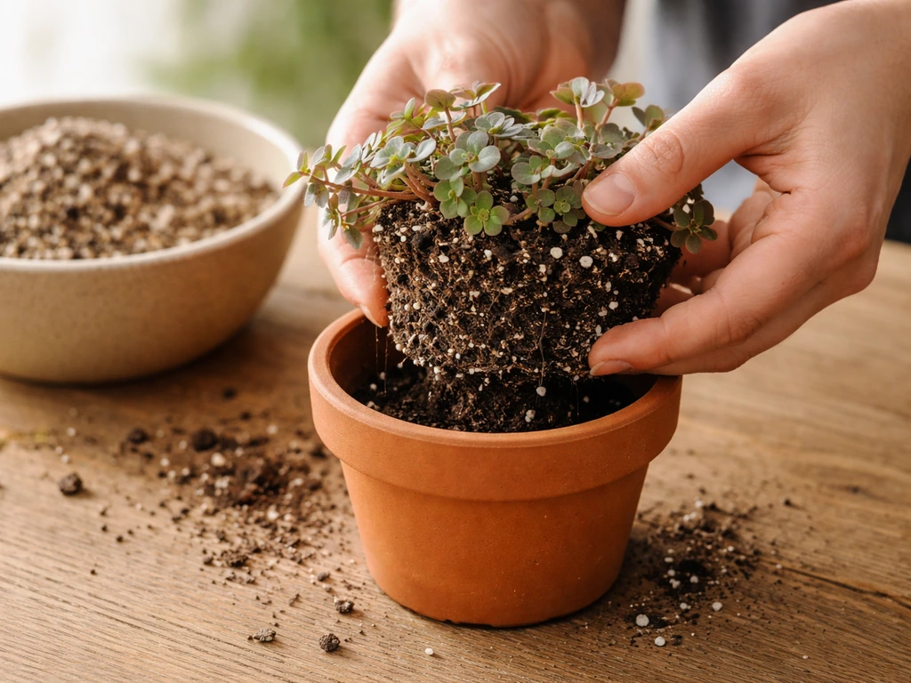 Hands pot a turtle vine into a small terracotta pot with gritty succulent soil mix.