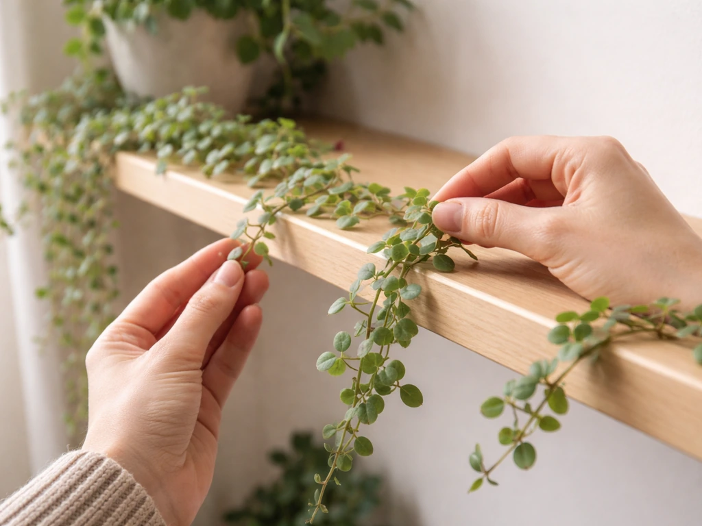 Gardener pinching turtle vine tips while guiding trailing stems along a shelf edge