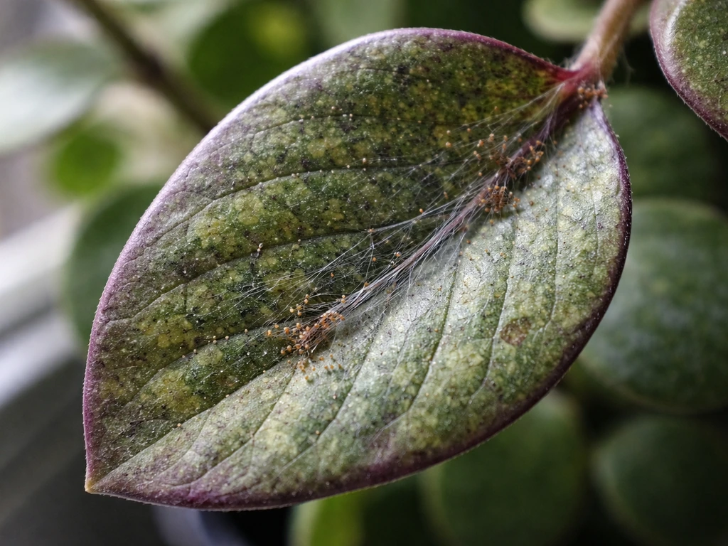 Macro view of spider mite webbing and speckling on indoor turtle vine leaves.