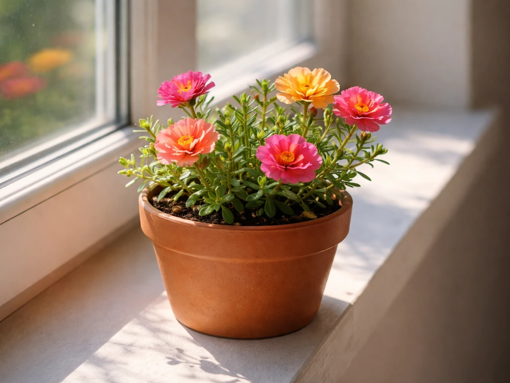 Portulaca in a small terracotta pot on a sunny south-facing windowsill with clear direct light.