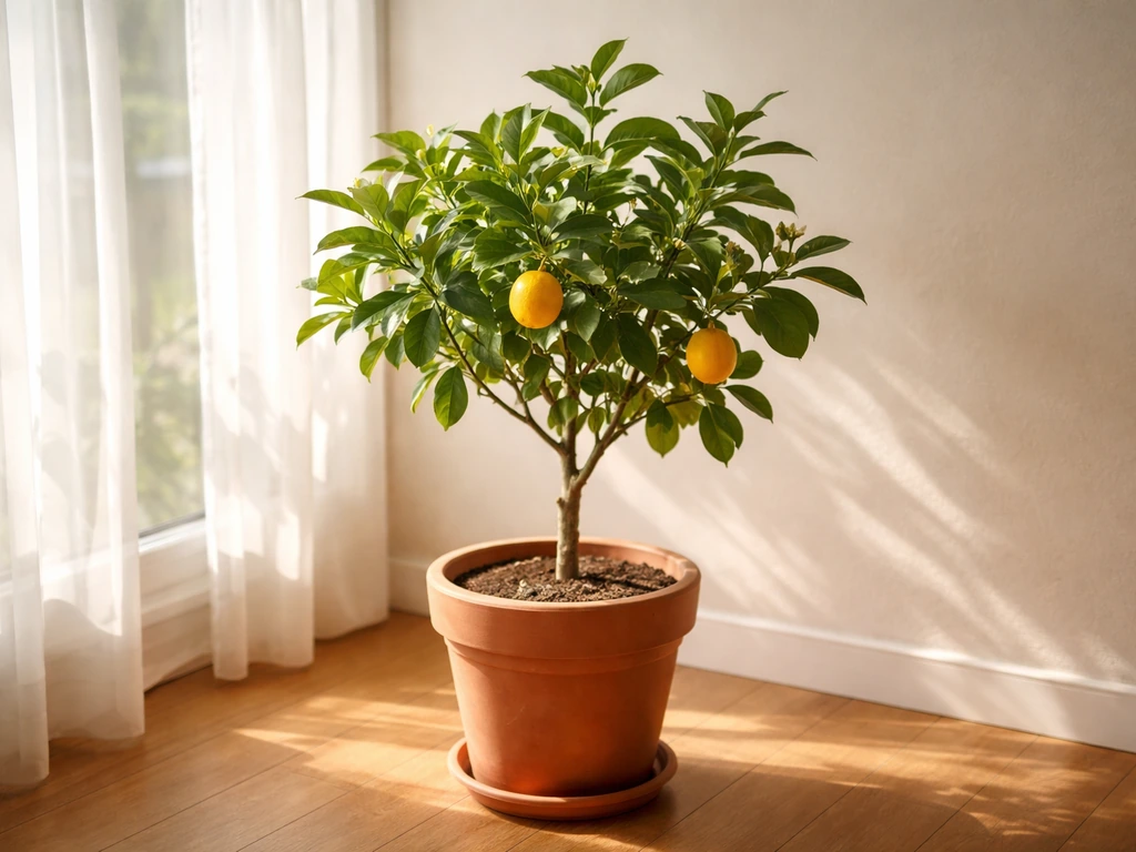Dwarf Meyer lemon tree in a terracotta pot by a sunny window with a few small lemons and buds